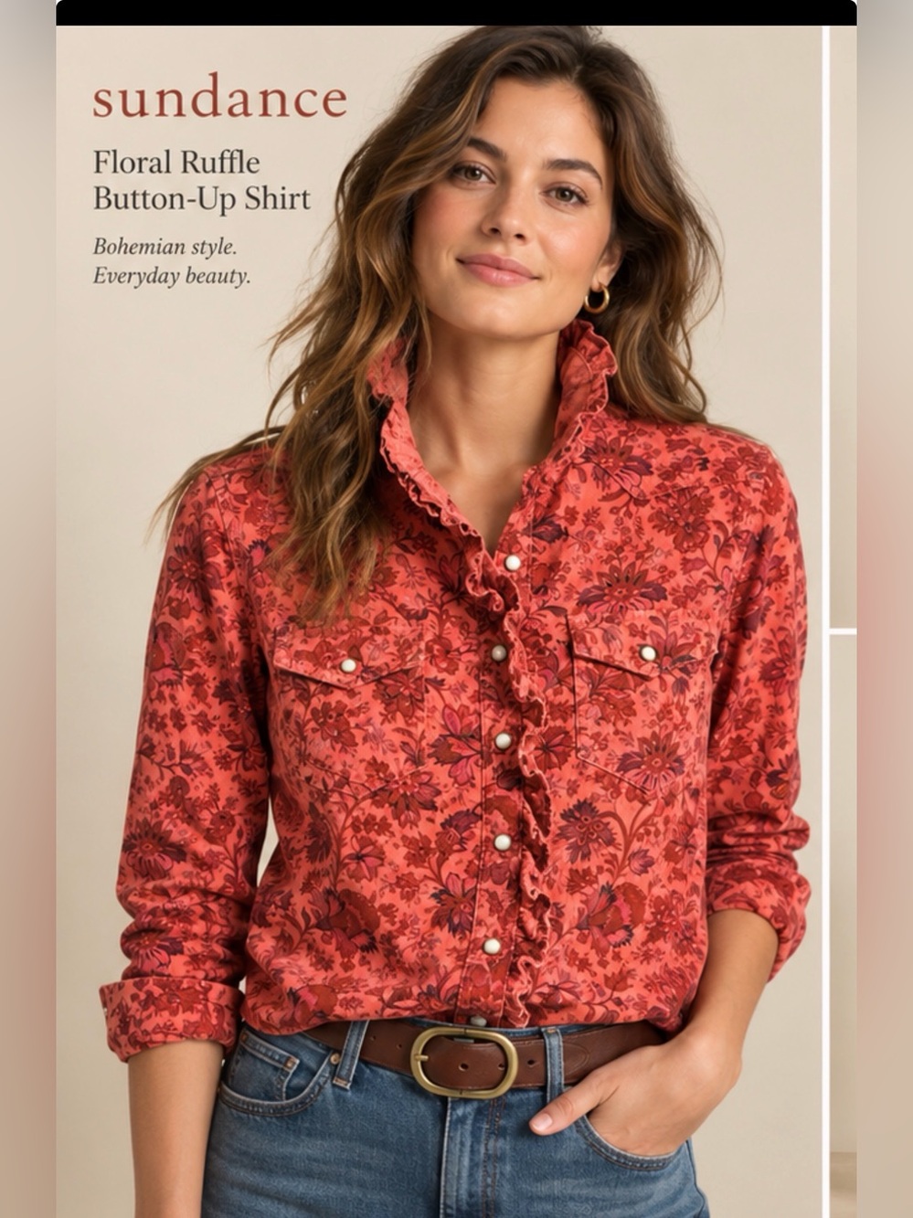 Sundance Floral Ruffle Pearl Snap Western Shirt Women’s M Coral Boho